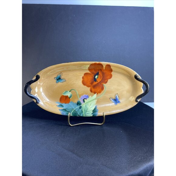 VTG Lusterware Oval Platter Poppy Butterfly Relish Dish Made In Japan Handles 13 - Picture 4 of 12